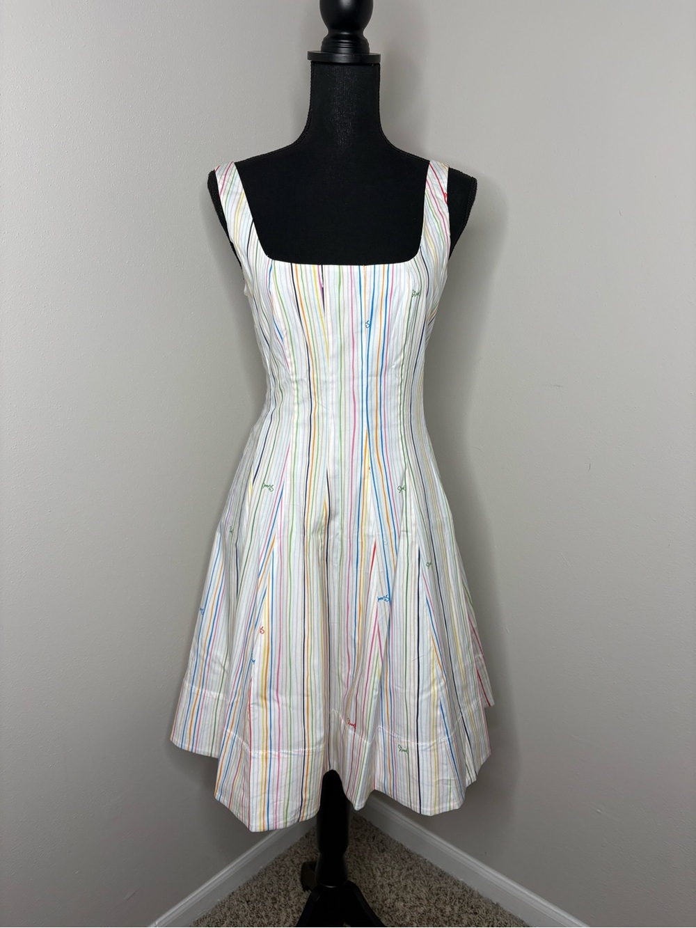 STAUD White Midi Dress with Pastel Rainbow Stripes - Picture 2 of 3